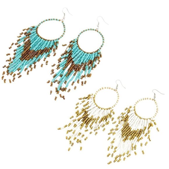 Bohemian Beaded Tassel Hoop Earrings Various Colors NEW - Picture 1 of 3